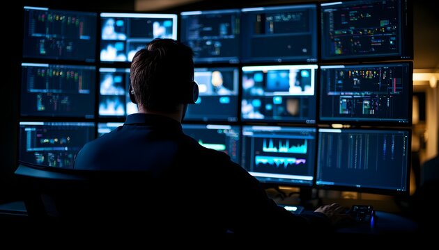 Video editor at work, focused on multiple screens displaying video timelines and editing tools, modern studio setup with a professional vibe