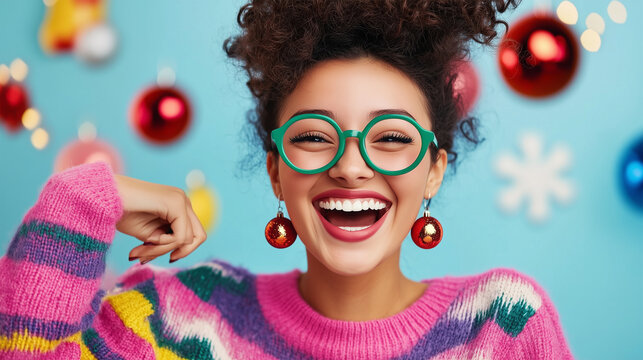 Extremely Happy Woman in Colorful Ugly Christmas Sweater Bursting with Holiday Cheer, Celebrating Festive Holiday Party with Joy and Enthusiasm, Female Christmas Lover.