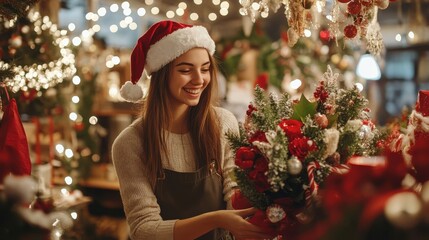 A young woman in a Santa hat arranges festive floral decorations in a cozy holiday market filled with lights and Christmas cheer