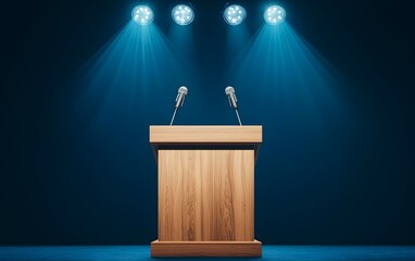 Obraz premium Wooden podium with microphones under dazzling stage lights, the scene set for an important speech or announcement, high-energy public event