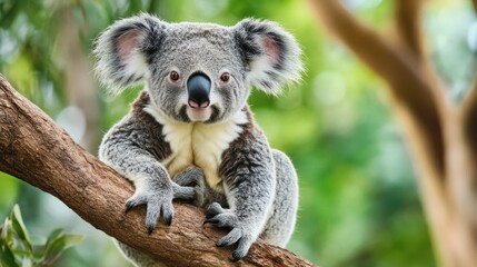 Fototapeta premium A koala resting on a tree branch in a lush green environment.