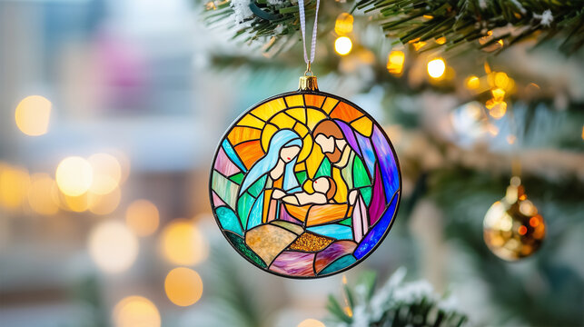 Christmas Tree Stained Glass Ornament, Nativity Scene with Baby Jesus, Colorful Hanging Christian Decoration with the Birth of Christ.
