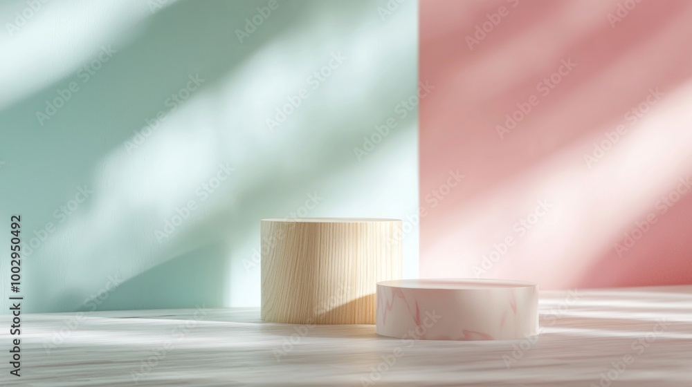 Poster two empty podiums are bathed in sunlight streaming through a window, casting artistic shadows on the