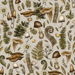 Vintage Woodland Mushrooms and Ferns Seamless Pattern © Belus