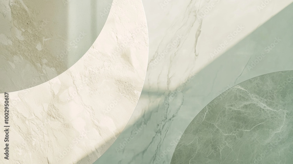 Poster Sunlight casting shadows on a marble background with green and white circles, creating a modern and minimalist aesthetic