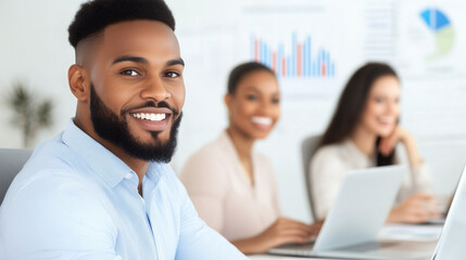 Ethnically Diverse Group of Business Professionals in an Office Meeting, Smiling Black Man Coordinate Teamwork and Communication in a Workplace, Leader Role.