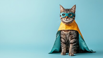 Obraz premium Super Cat: Whimsical and Playful Feline Superhero Concept Studio Shot with Cape and Mask on Light Blue Background