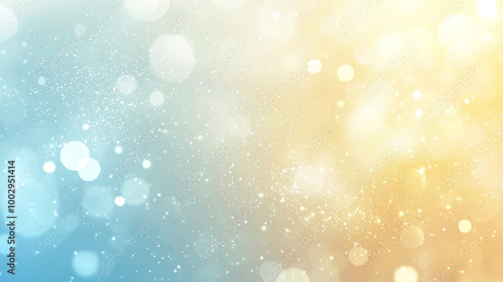 Poster abstract gold and blue defocused glitter background with bokeh, featuring a soft gradient and sparkl
