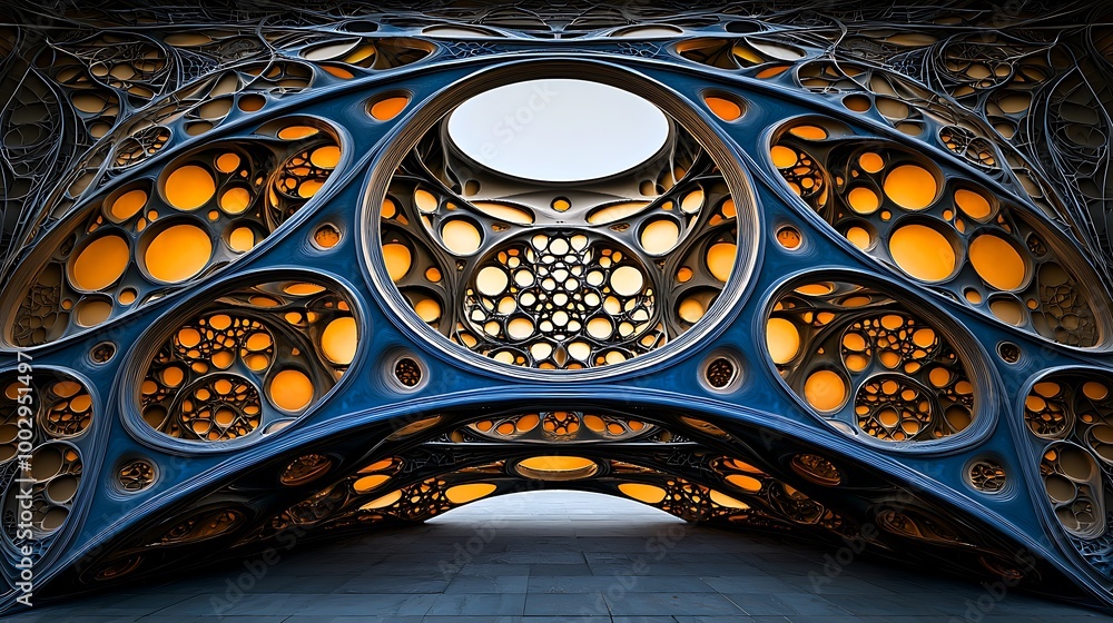 Poster organic architecture twists with glowing interiors and circular openings, an ethereal masterpiece.