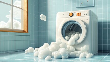 Angry cartoon washing machine overflowing with bubbles, frustrated from overloading laundry.