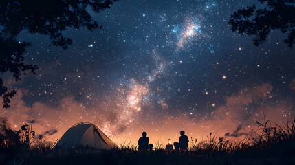 Friends camping under starry night sky, friends, camping, starry night sky. Starry Night Sky. Illustration