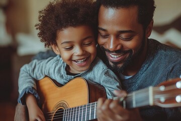 Father and son playing guitar together. Children learning play on musical instrument from parent,...