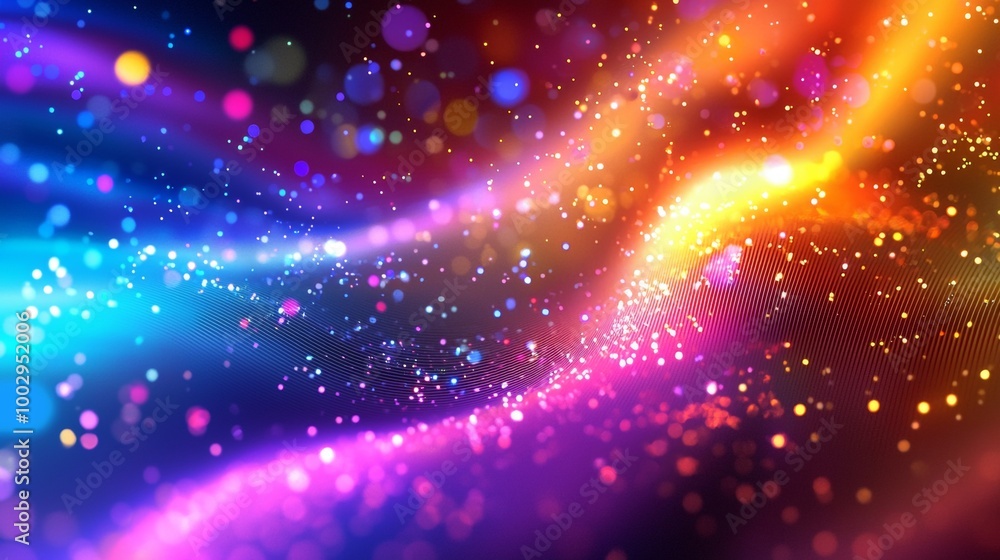 Poster abstract background is forming from shining colorful particles with bokeh which can be used for any 