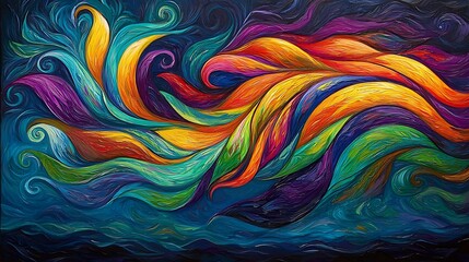 Waves of vibrant color swirl and twist in a painting alive with movement.
