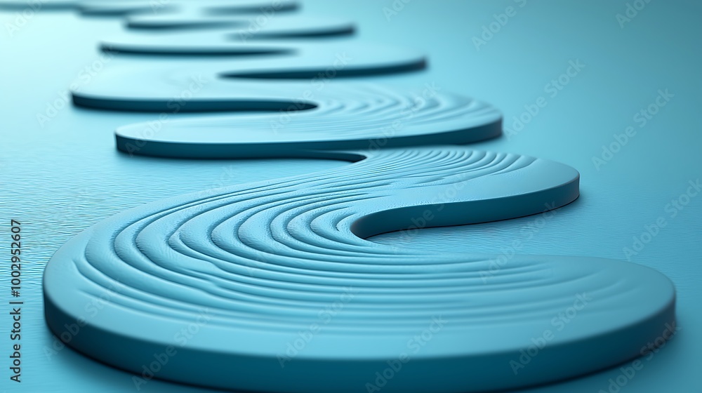Poster blue waves twist in abstract patterns, a 3d design of endless motion.