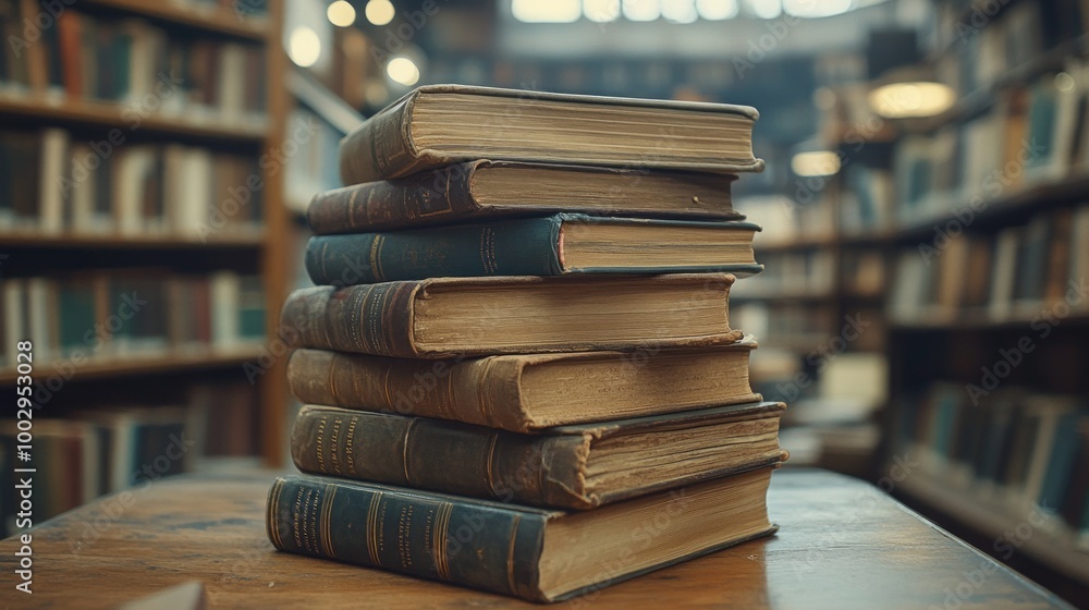Poster a stack of old books on a table in a library
