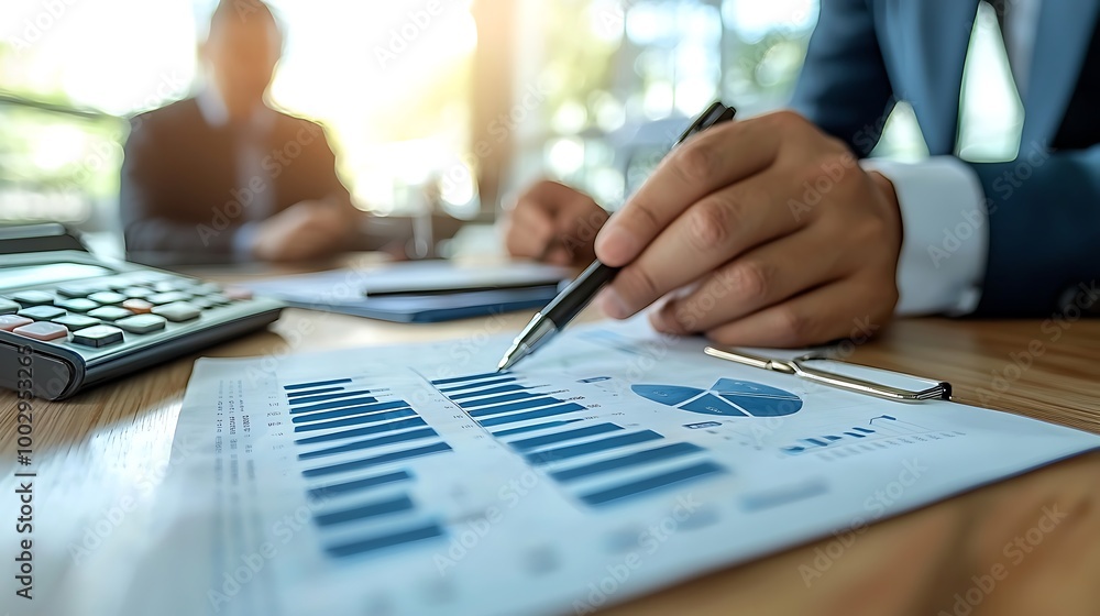 Poster a businessman pores over charts and figures, calculating his next move with precision.