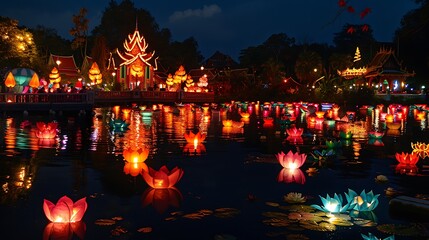 Fototapeta premium By lamps light up the night krathong loy produces a magical show of color