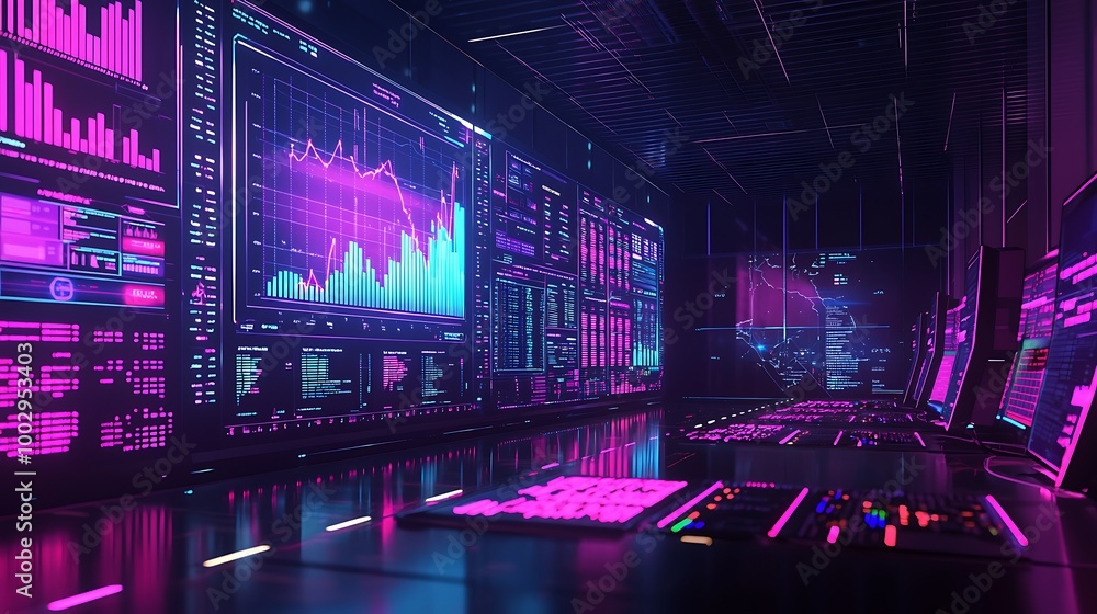 Aufkleber charts and graphs glow on screens in a high-tech data center, alive with information.