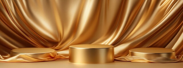 Podium background gold golden cloth silk curtain satin 3d yellow. Fabric box gold background podium product studio cover luxury beauty pedestal surprise stand stage mystery scene presentation empty