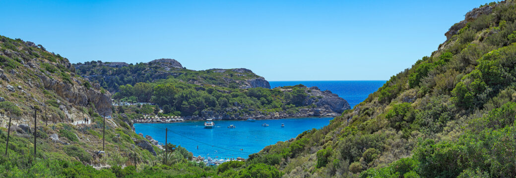 panoramic view of Ladiko beach near Anthony Quinn Bay, Rhodes, Greece