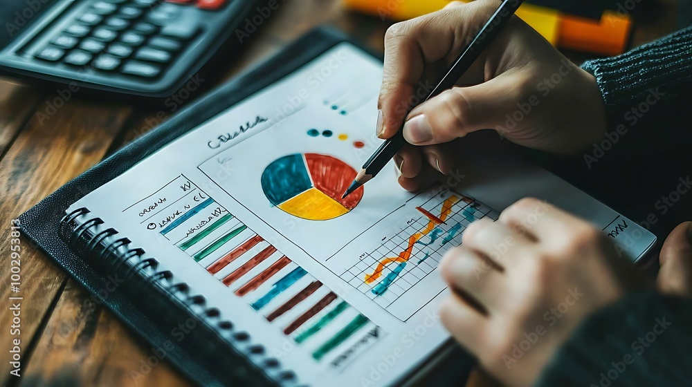 Poster a business analyst carefully sketches graphs and charts, their notebook filled with insights.
