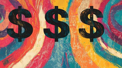 Dollar signs swirl in vibrant colors, an abstract world of finance and wealth.