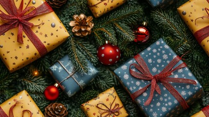 Christmas gift boxes holiday background, Christmas gift boxes festive decoration, Christmas gift boxes with pine branches, Stylish Christmas Gift Tags with Festive Patterns