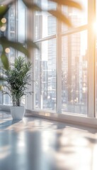 Fototapeta premium Professional office background with large windows overlooking an urban cityscape during daytime