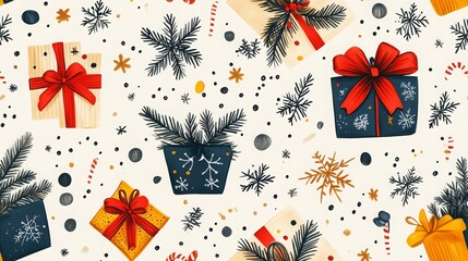 Fototapeta premium Seamless Christmas gift pattern with snowflakes, festive present boxes with bows, holiday wrapping background, Seamless Holiday Gift Pattern, Christmas Wrapping Paper Background