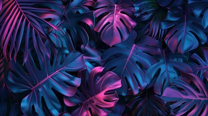 Tropical leaves in vibrant purple and blue hues create a stunning backdrop, showcasing intricate...