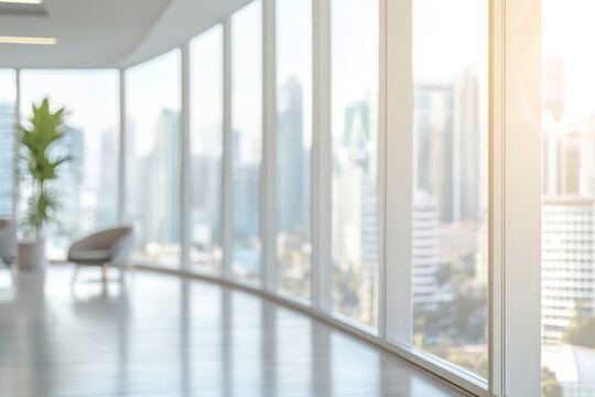 Fototapeta Modern office interior with large windows and city view in a professional setting