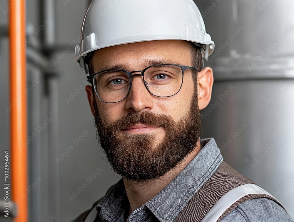 Poster engineer in a hard hat checking mechanical installations for a green building project, engineer in h