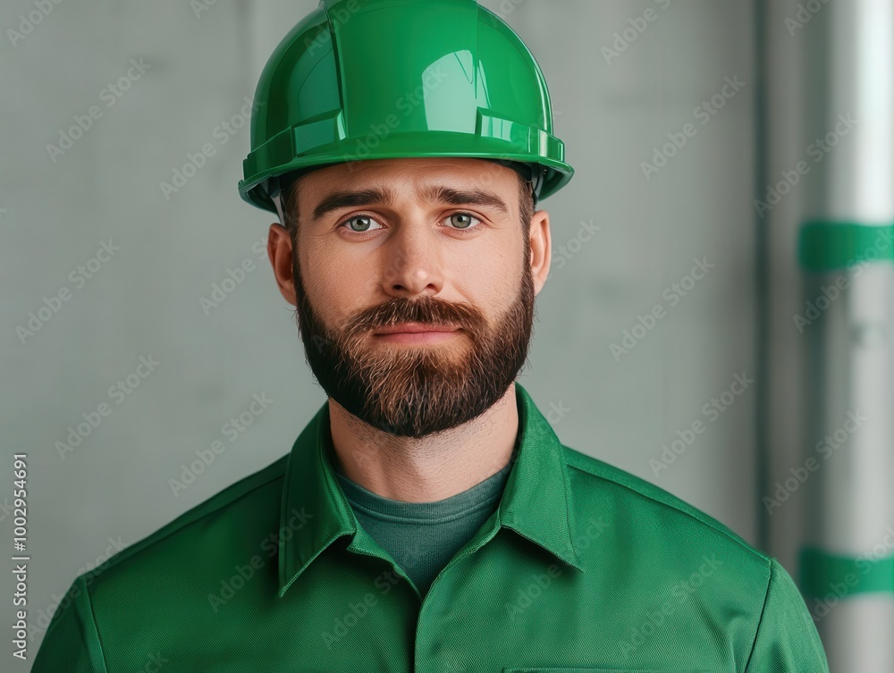Poster engineer in a hard hat checking mechanical installations for a green building project, engineer in h