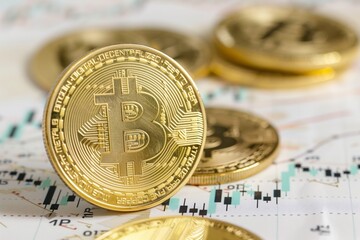 A few gold coins bitcoin on them are on top of a graph
