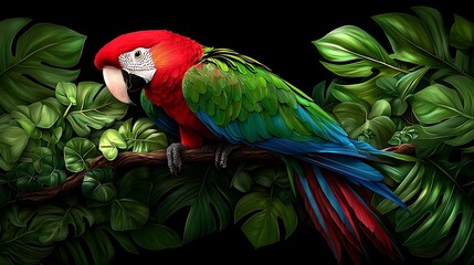 Fototapeta premium A scarlet macaw sits on a branch, surrounded by lush tropical greenery.