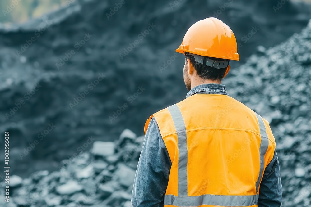 Poster engineer in a hard hat performing a site inspection at a mining operation, engineer in hard hat, min
