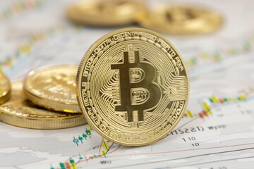 A coin bitcoin on it is on top of a pile of other coins