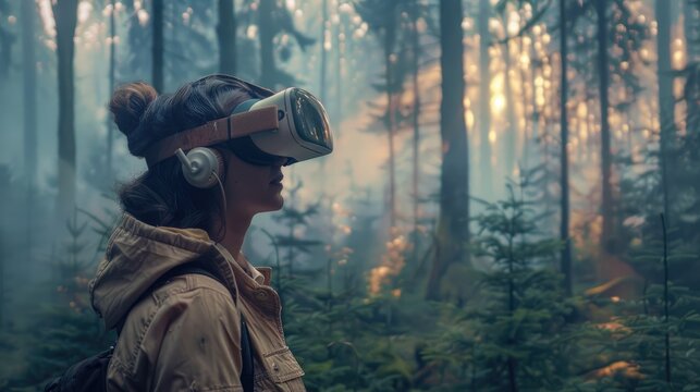 A woman wearing VR headset explores a virtual forest. The scene is filled with mist and the setting sun.