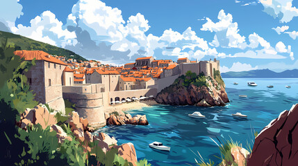 Dubrovnik, croatia - july medieval architecture in the walled city and the rugged coastline of dubrovnik, croatia with views of the adriatic sea. Rugged Coastline. Illustration