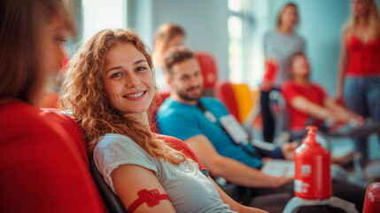 Smiling woman donating blood in a clinic setting