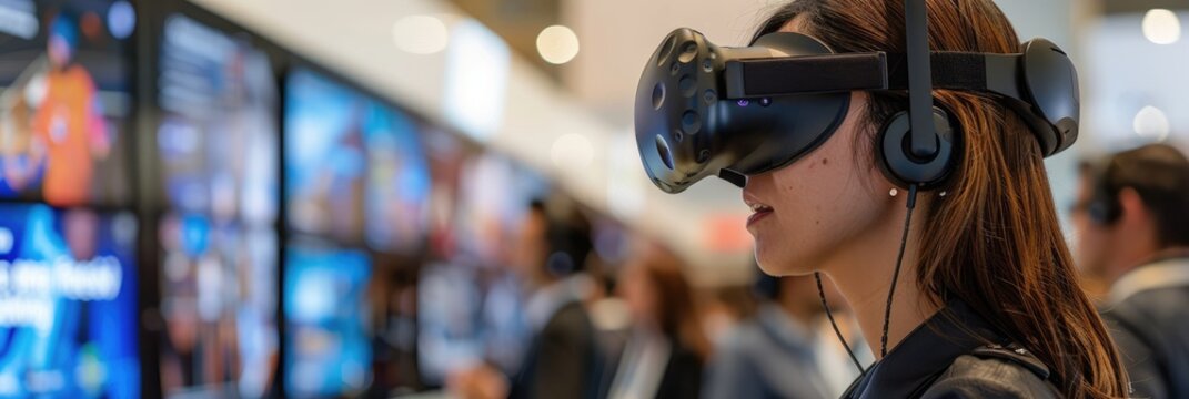 A woman wearing VR headset in a busy convention center.