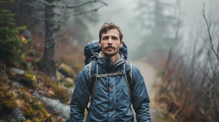 Man with Movember Mustache Hiking on Forest Trail - Adventure, Nature Photography, Outdoor Exploration