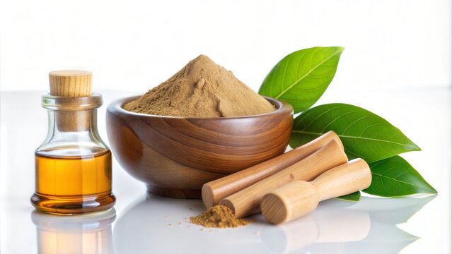 Chandan (Sandalwood) Powder with Traditional Mortar, Sandalwood Sticks, Perfume or Oil, and Green Leaves, Featuring Selective Focus