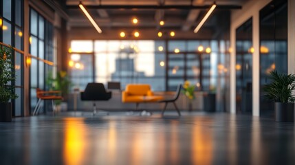 Futuristic workspace with sleek furniture and warm lighting, perfect for virtual meetings