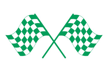 Crossed Green and white checkered racing flags. Special version of the end of session flag in certain races, displayed at finish line, and used as prize, photographed together with winner and trophy.