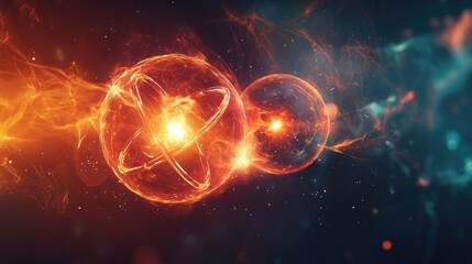 Abstract representation of atomic structures with glowing effects and cosmic elements.