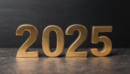 Golden number 2025 on black backdrop, Christmas light bokeh. New Year.