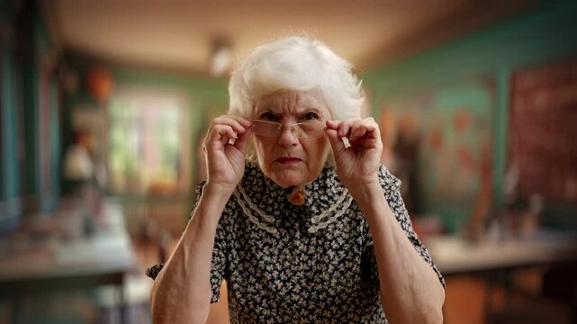 Elderly woman in glasses looking closer to see better, bad eyesight, scrutiny
