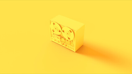 Yellow vintage reel to reel audio analog tape recorder old-fashioned nostalgia obsolete technology background quarter left view 3d illustration render